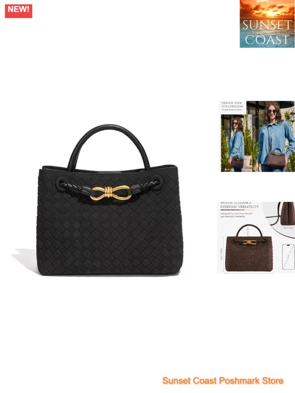 Woven Tote Bag PU Leather Top Handle Shoulder Purse